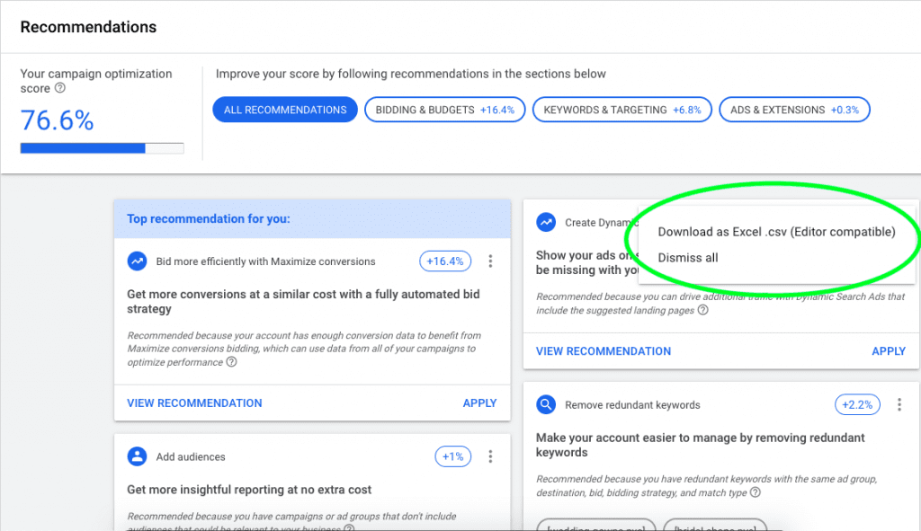 Google Ads Recommendations Dashboard