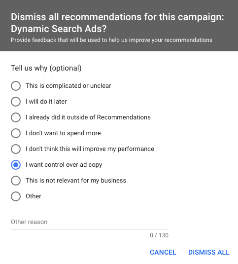 Dismissing Google Ads Recommendations
