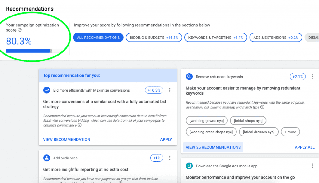 Google Ads Recommendations Dashboard